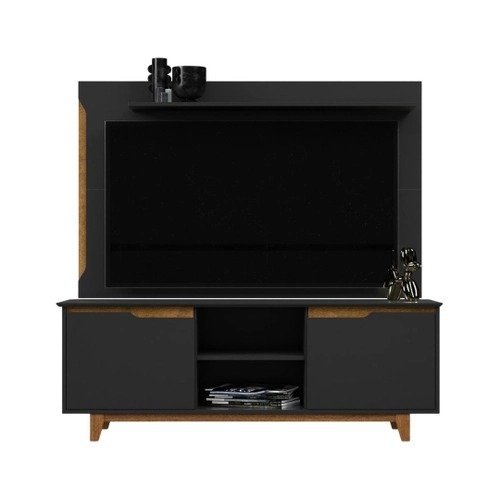 Conjunto Rack Bancada para Sala de Estar com 2 Portas e 1 Nicho Com Painel Parede Home Estante Aéreo Embutido para Tv 55 Polegadas Flow ej - Preto